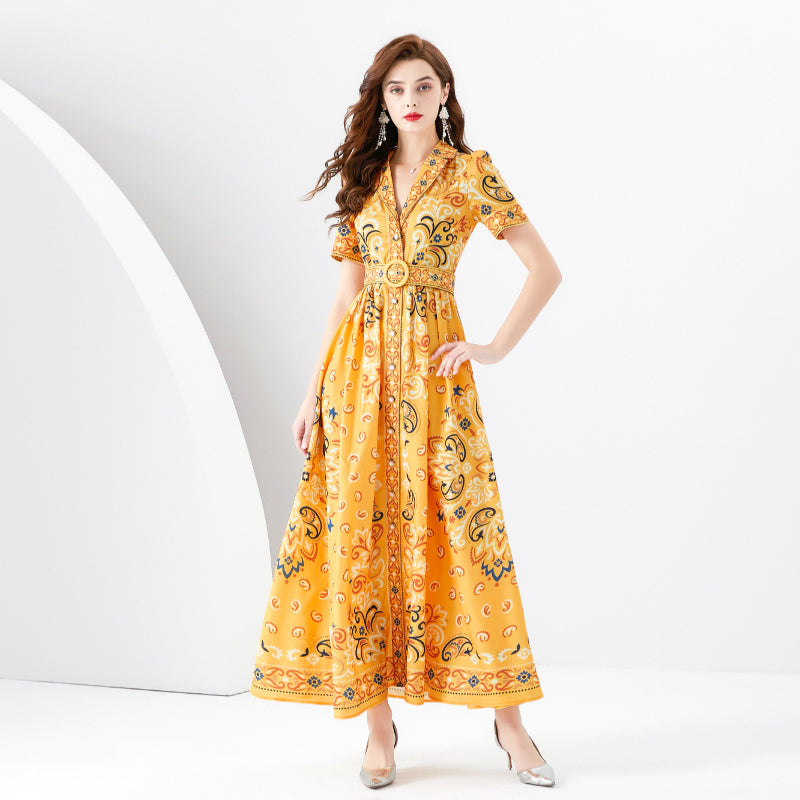 CM-DY096149 Women Elegant European Style Printing Short Sleeve Maxi Dress - Yellow