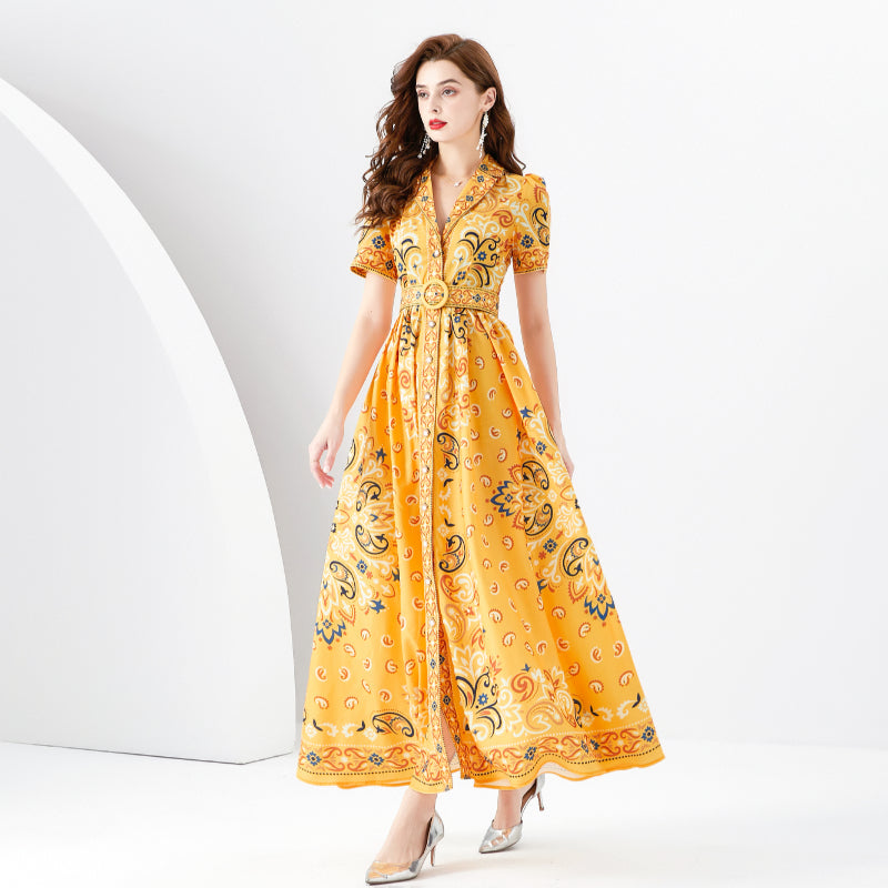 CM-DY096149 Women Elegant European Style Printing Short Sleeve Maxi Dress - Yellow