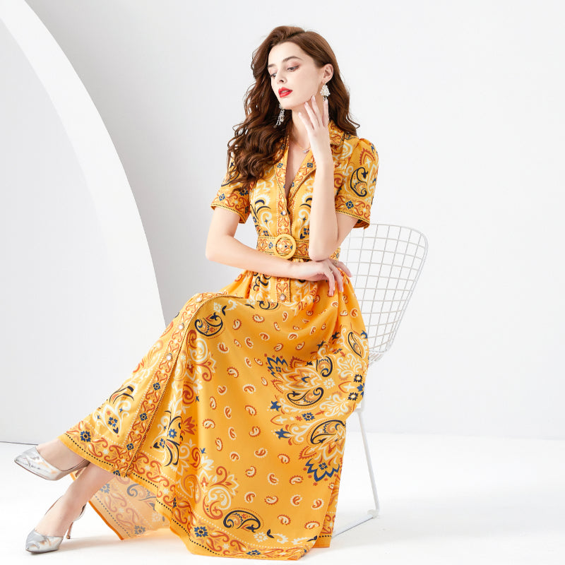 CM-DY096149 Women Elegant European Style Printing Short Sleeve Maxi Dress - Yellow