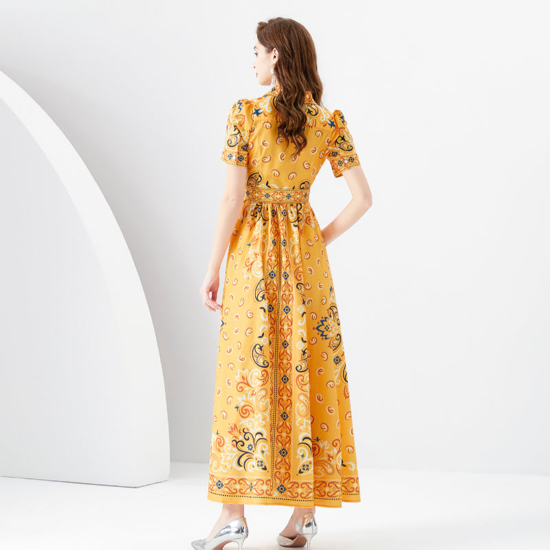 CM-DY096149 Women Elegant European Style Printing Short Sleeve Maxi Dress - Yellow