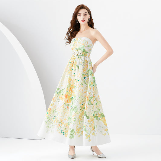 CM-DY096155 Women Elegant European Style Wrapped Chest Printing Dress - Yellow