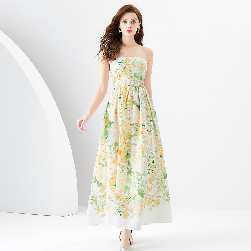 CM-DY096155 Women Elegant European Style Wrapped Chest Printing Dress - Yellow