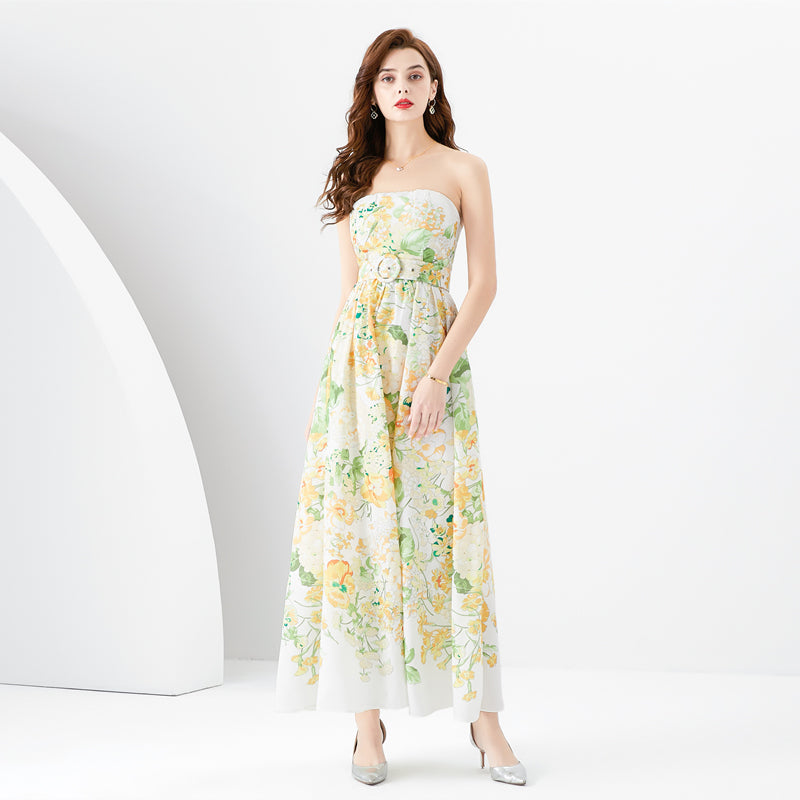 CM-DY096155 Women Elegant European Style Wrapped Chest Printing Dress - Yellow