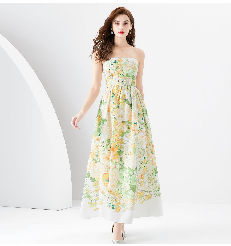 CM-DY096155 Women Elegant European Style Wrapped Chest Printing Dress - Yellow