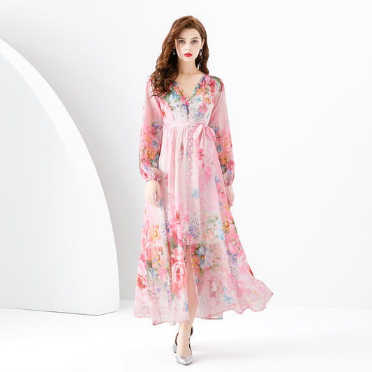 CM-DY096157 Women Elegant European Style Floral V-Neck Lantern Sleeve Dress - Pink