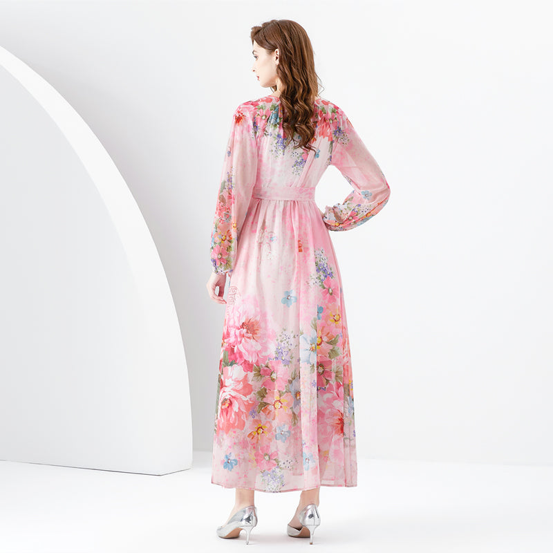 CM-DY096157 Women Elegant European Style Floral V-Neck Lantern Sleeve Dress - Pink