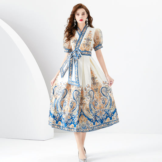 CM-DY096158 Women Elegant European Style V-Neck Lantern Sleeve Maxi Dress - Apricot