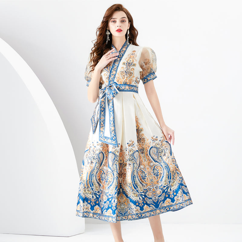CM-DY096158 Women Elegant European Style V-Neck Lantern Sleeve Maxi Dress - Apricot