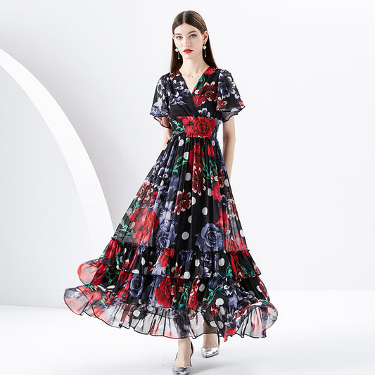 CM-DY096159 Women Elegant European Style V-Neck Trumpet Sleeves Maxi Dress