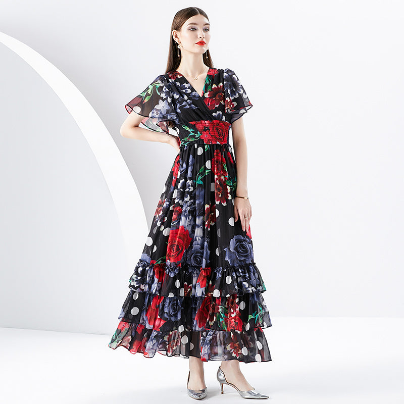 CM-DY096159 Women Elegant European Style V-Neck Trumpet Sleeves Maxi Dress