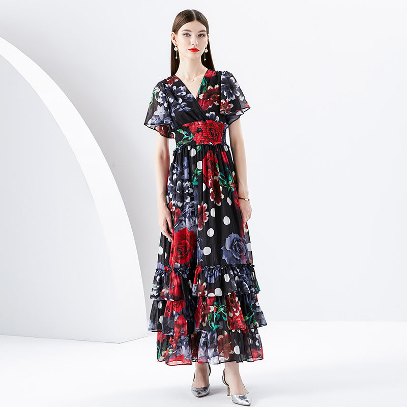 CM-DY096159 Women Elegant European Style V-Neck Trumpet Sleeves Maxi Dress