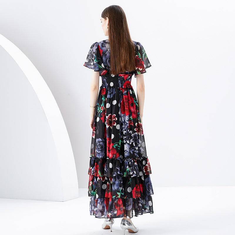 CM-DY096159 Women Elegant European Style V-Neck Trumpet Sleeves Maxi Dress