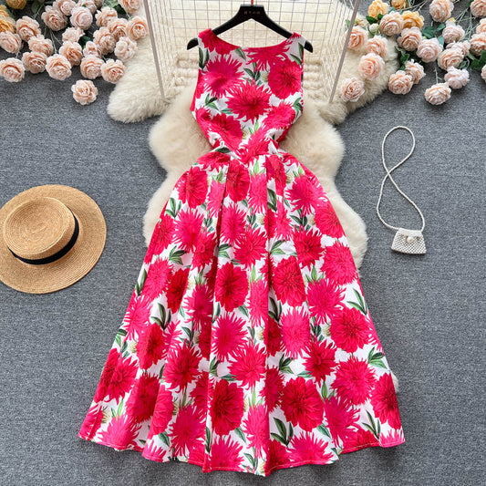 CM-DY096463 Women Elegant European Style Round Neck Pinched Waist Maxi Dress