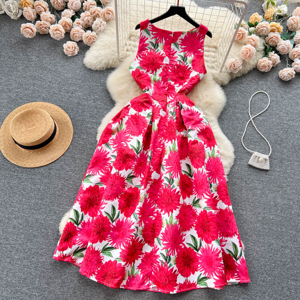 CM-DY096463 Women Elegant European Style Round Neck Pinched Waist Maxi Dress