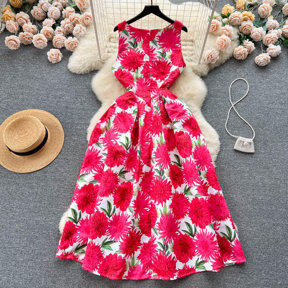 CM-DY096463 Women Elegant European Style Round Neck Pinched Waist Maxi Dress