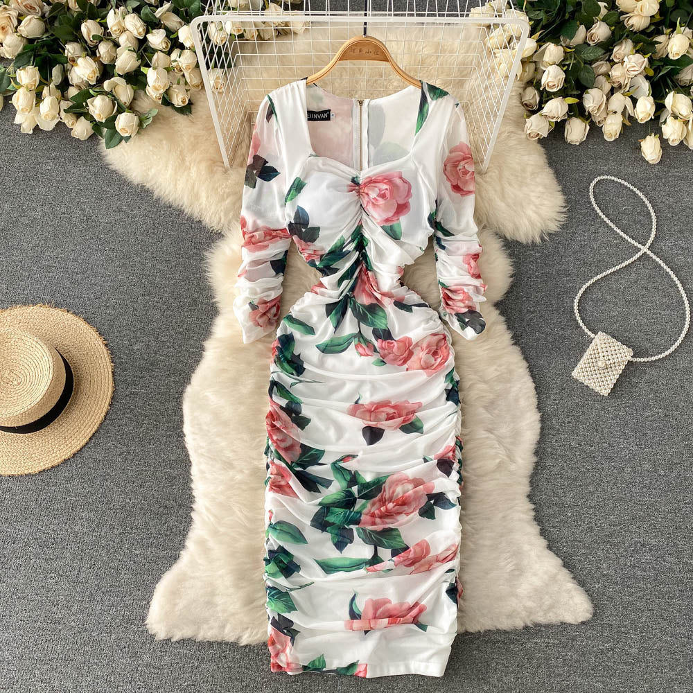 CM-DY096468 Women Elegant Euroepan Style Long Sleeve Pinched Waist Midi Dress