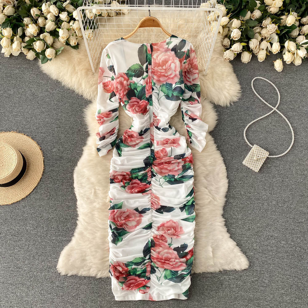 CM-DY096468 Women Elegant Euroepan Style Long Sleeve Pinched Waist Midi Dress