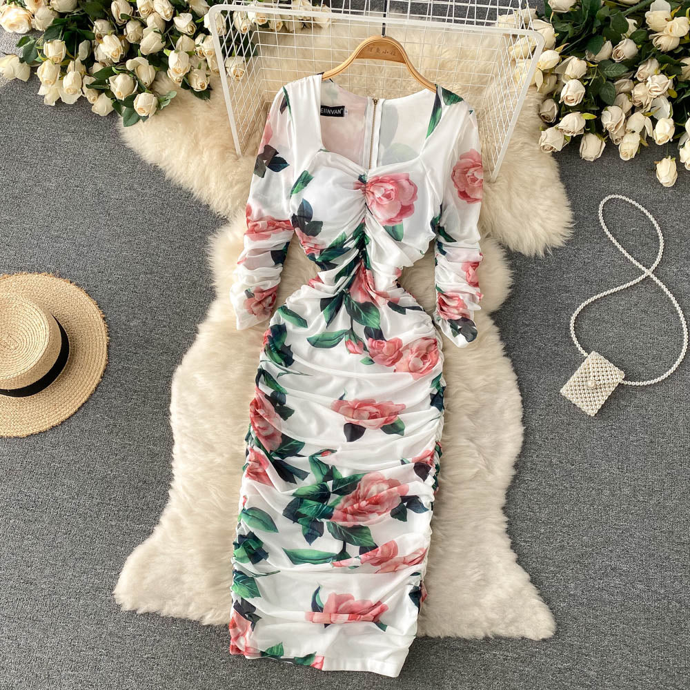 CM-DY096468 Women Elegant Euroepan Style Long Sleeve Pinched Waist Midi Dress
