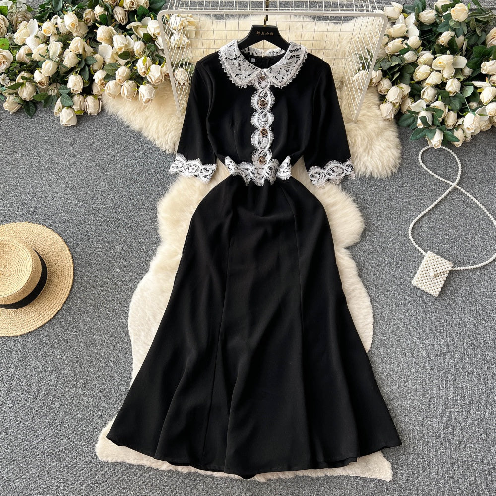 CM-DY096473 Women Elegant European Style Lace Short Sleeve Mermaid Lapel Dress