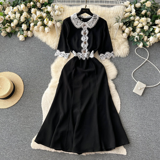 CM-DY096473 Women Elegant European Style Lace Short Sleeve Mermaid Lapel Dress