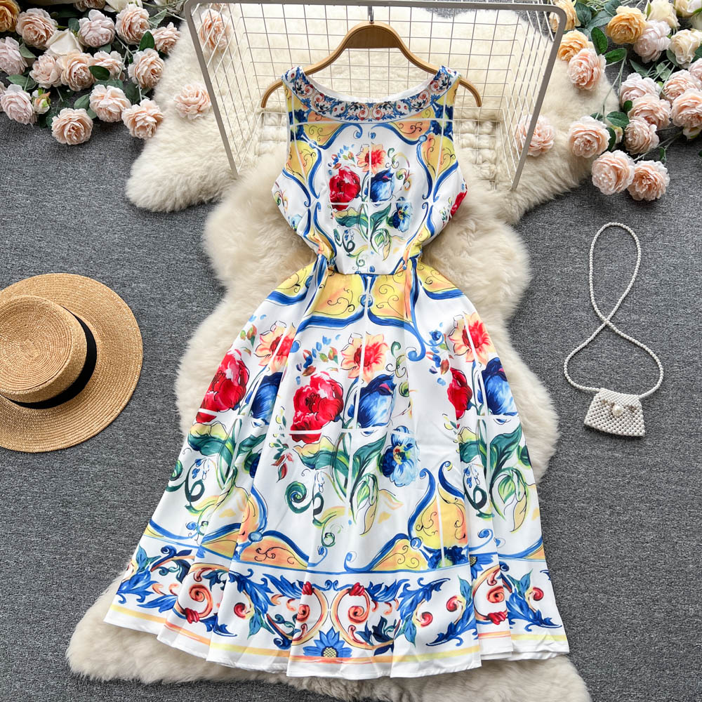 CM-DY096476 Women Elegant European Style Floral Prints Round Neck Sleeveless Midi Dress
