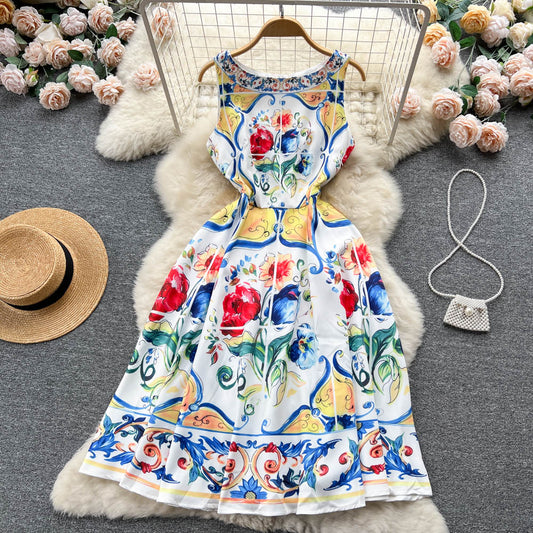 CM-DY096476 Women Elegant European Style Floral Prints Round Neck Sleeveless Midi Dress