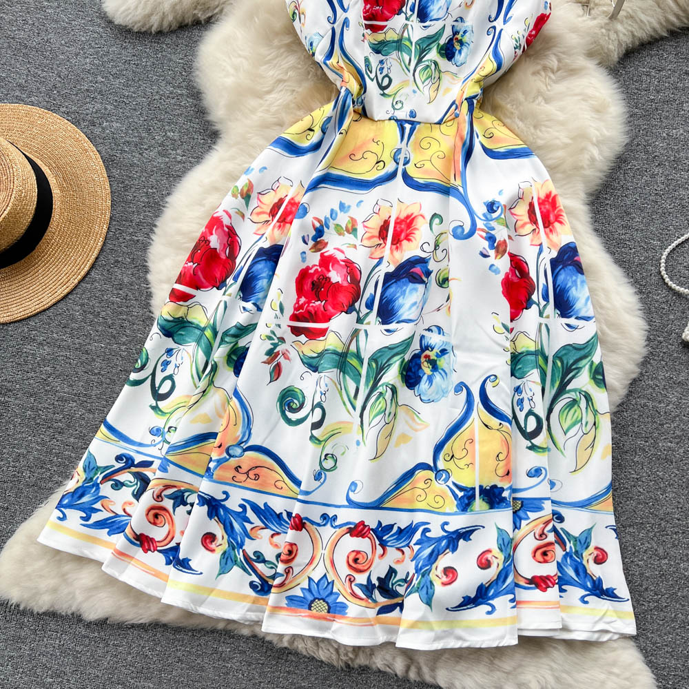 CM-DY096476 Women Elegant European Style Floral Prints Round Neck Sleeveless Midi Dress