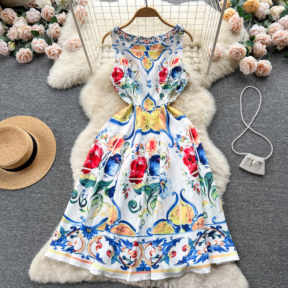 CM-DY096476 Women Elegant European Style Floral Prints Round Neck Sleeveless Midi Dress