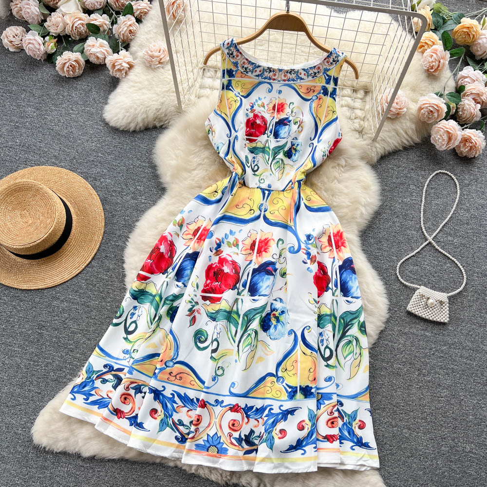 CM-DY096476 Women Elegant European Style Floral Prints Round Neck Sleeveless Midi Dress