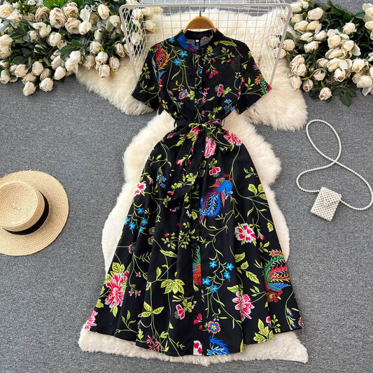 CM-DY096477 Women Elegant European Style Floral Prints Short Sleeve High Waist Dress