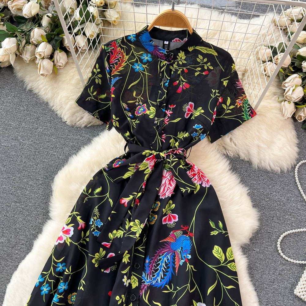 CM-DY096477 Women Elegant European Style Floral Prints Short Sleeve High Waist Dress
