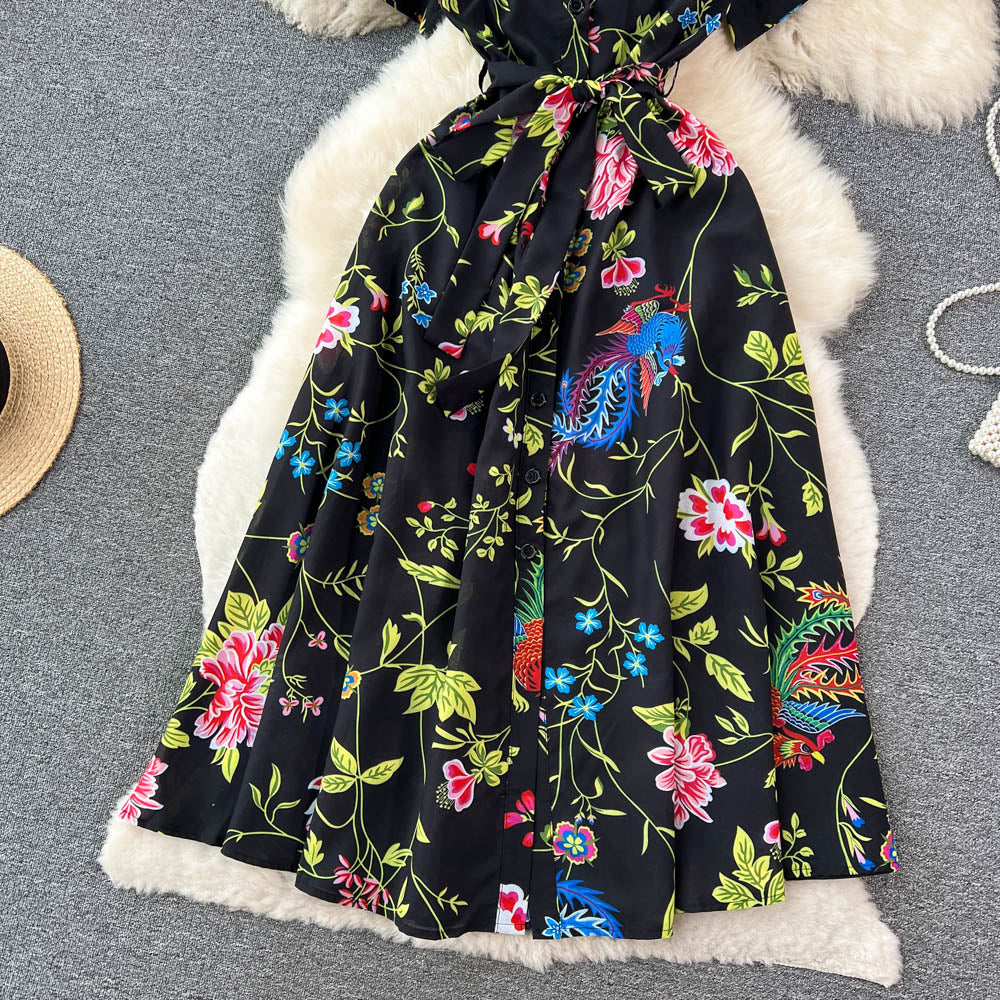 CM-DY096477 Women Elegant European Style Floral Prints Short Sleeve High Waist Dress