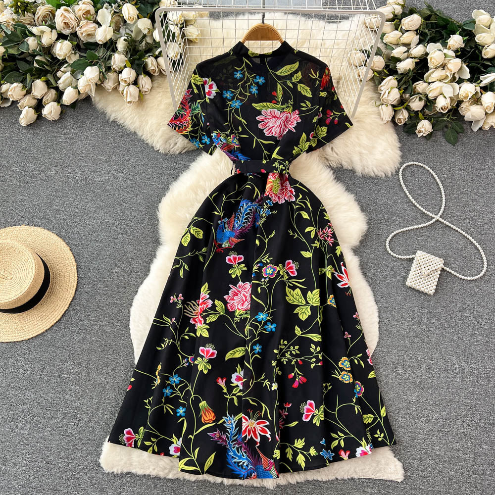 CM-DY096477 Women Elegant European Style Floral Prints Short Sleeve High Waist Dress