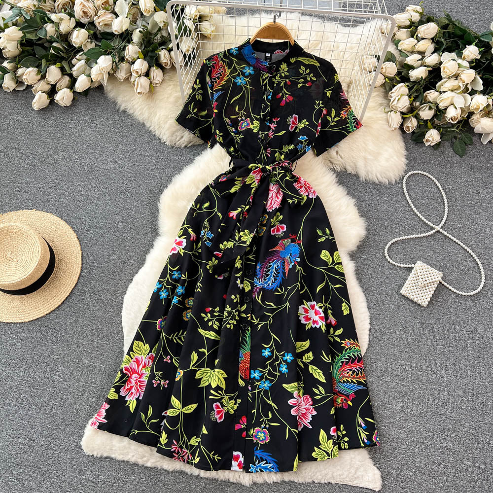 CM-DY096477 Women Elegant European Style Floral Prints Short Sleeve High Waist Dress