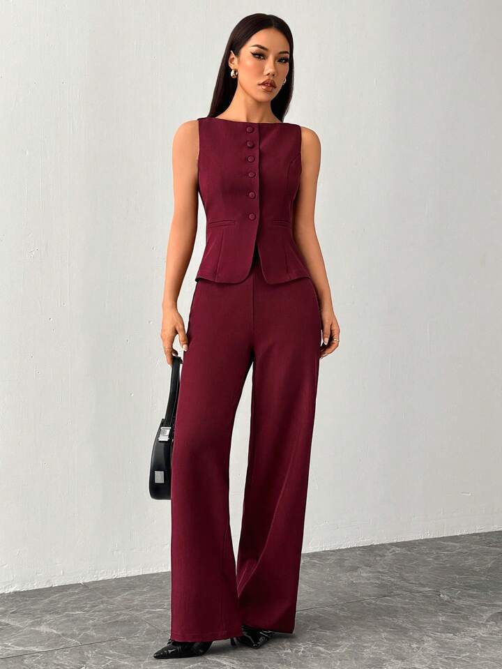 CM-SS055036 Women Elegant Seoul Style Solid Color Round Neck Single-Breasted Vest With Pants Suit - Burgundy