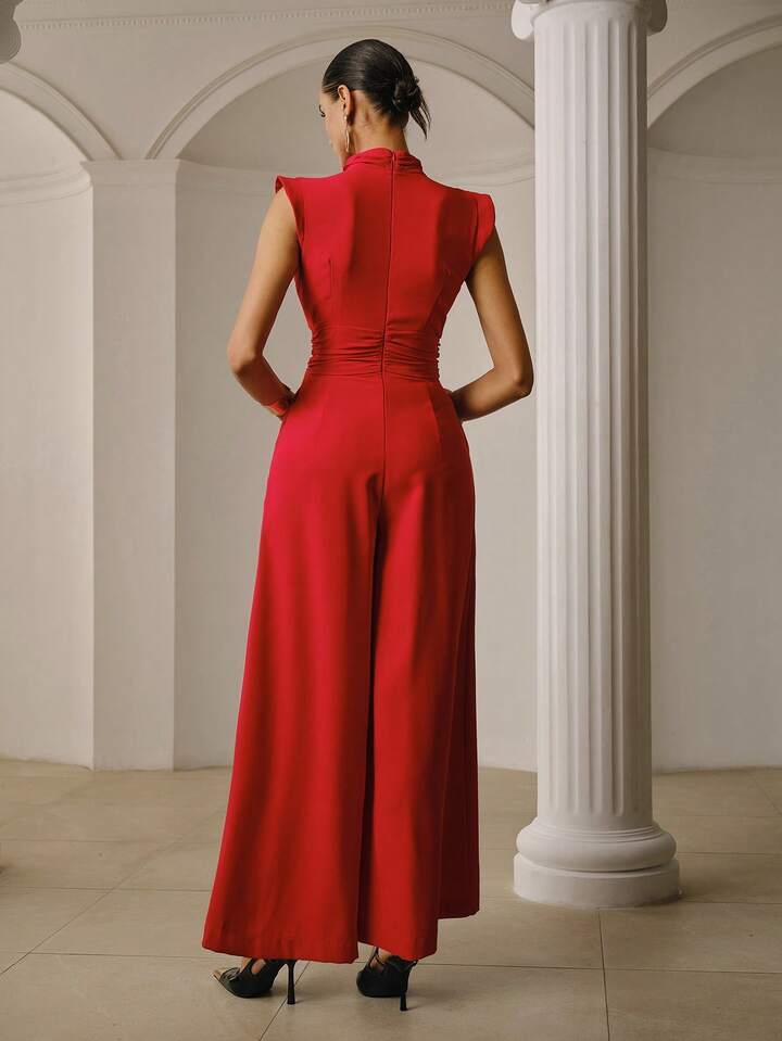 CM-JS328191 Women Elegant Seoul Style Notched Neckline Sleeveless Gathered Wide Leg Jumpsuit - Red