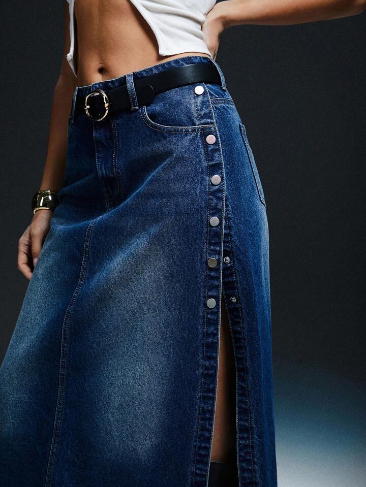 CM-BS662032 Women Casual Seoul Style Medium Wash High Side Slit Snap Button Maxi Skirt