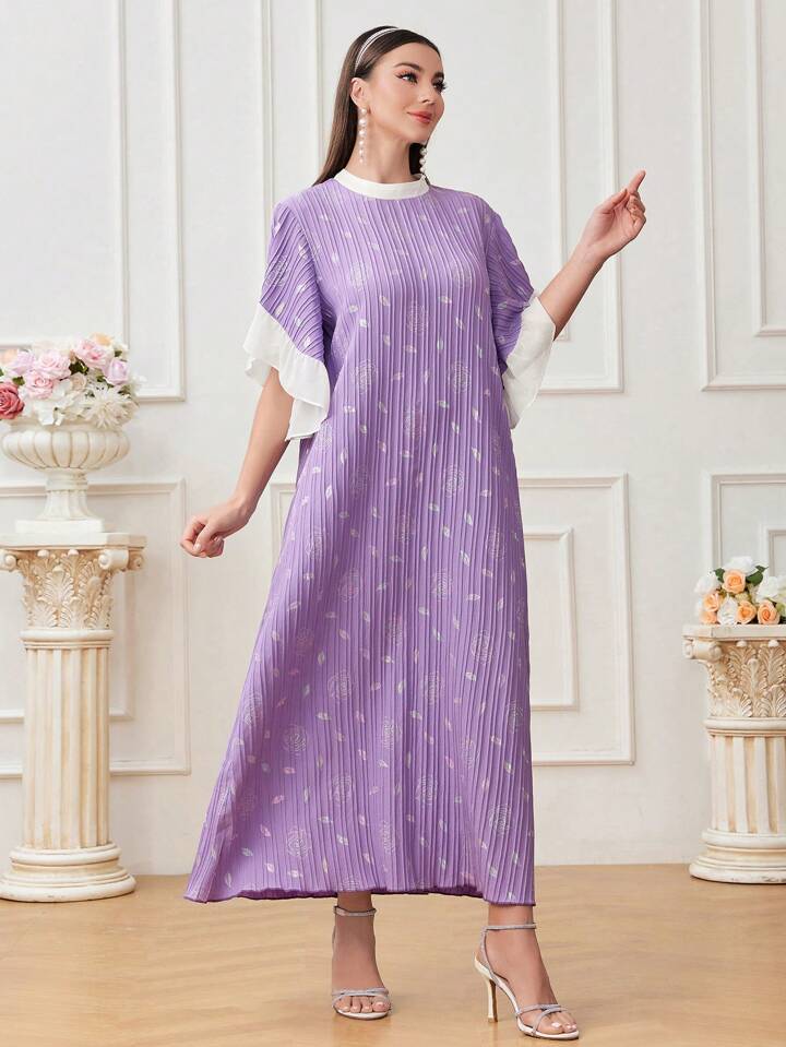 CM-DS265121 Women Trendy Bohemian Style Floral Print Color Block Lotus Leaf Short Sleeve Dress