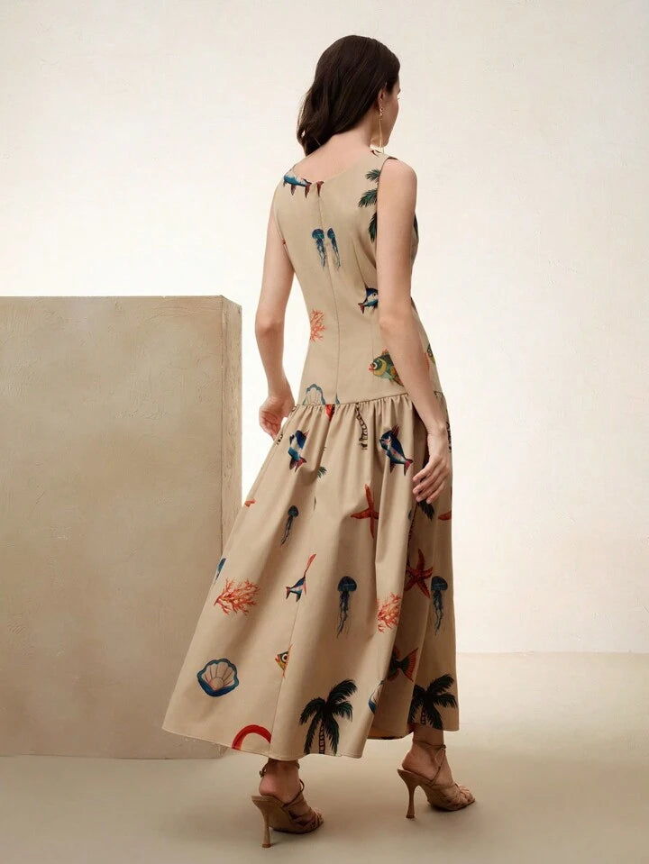 CM-DS821000 Women Elegant Seoul Style Round Neck Sleeveless Ruched Waist A-Line Maxi Dress - Khaki