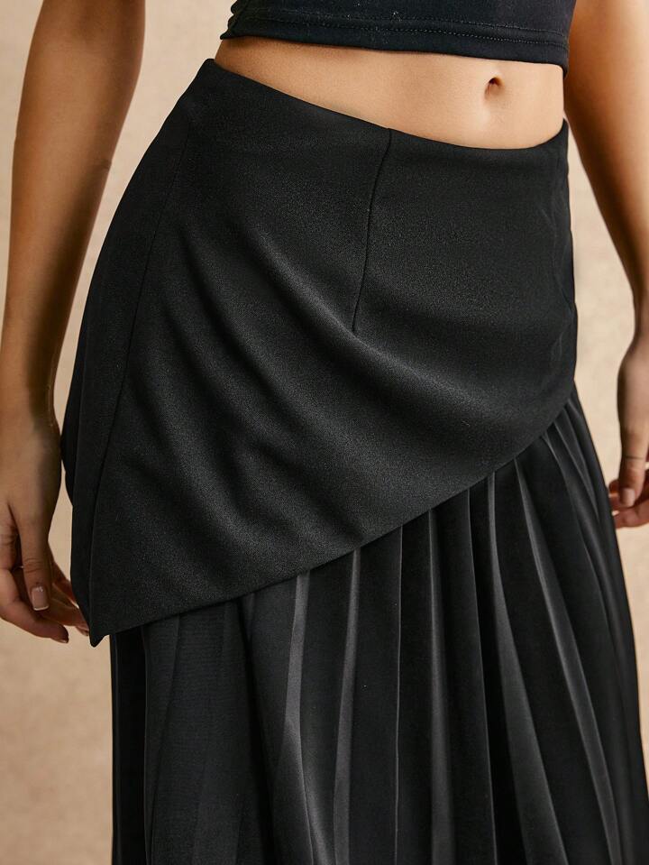 CM-BS137111 Women Elegant Seoul Style High Waist Asymmetric Pleated A-Line Skirt - Black