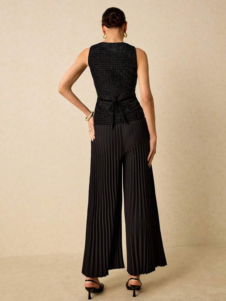 CM-SS552264 Women Elegant Seoul Style Single-Breasted Square Neck Vest With Pleated Midi Skirt - Set