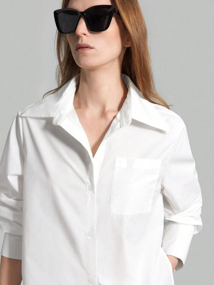 CM-TS859922 Women Casual Seoul Style Shirt Collar Long Sleeve Front Button High Slit Long Shirt - White