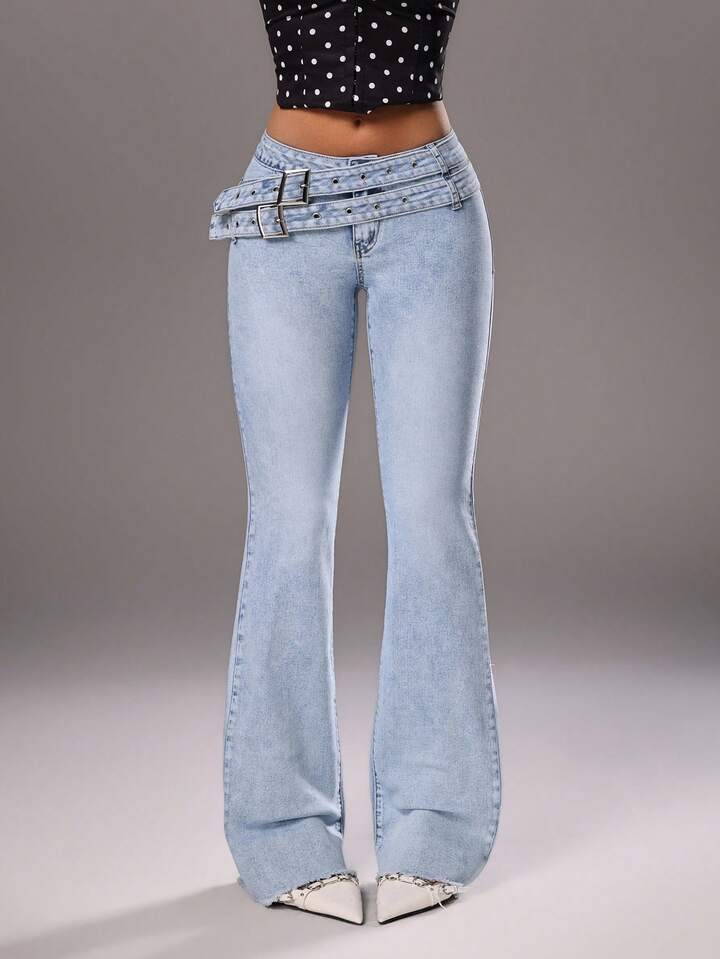 CM-BS561951 Women Casual Seoul Style Light Wash Decorative Belt Low Waist Flare Jeans