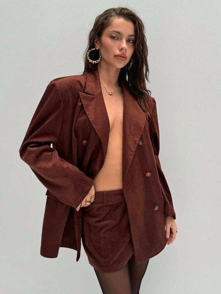 CM-SS170016 Women Elegant Seoul Style Lapel Neckline Corduroy Long Sleeve Oversize Blazer With Skirt - Set