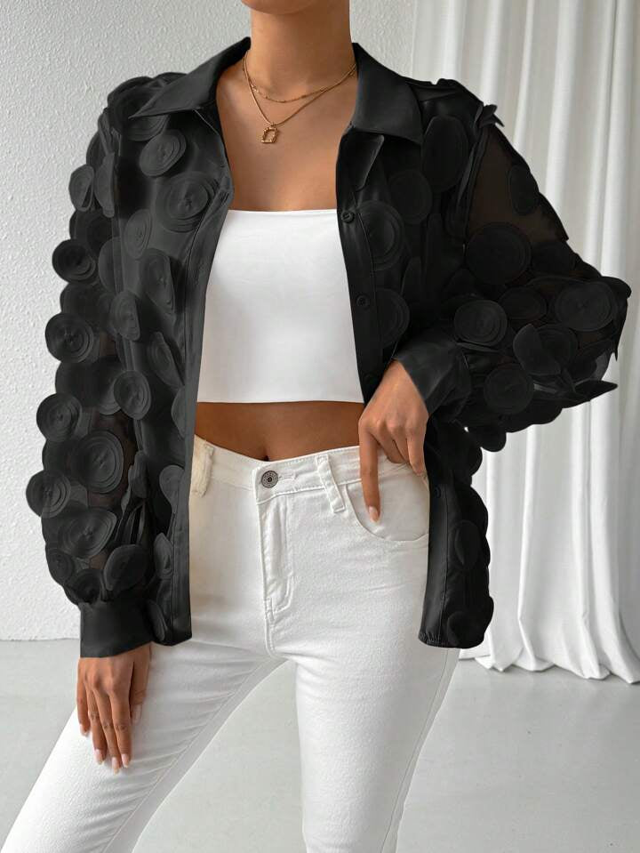 CM-TS751257 Women Elegant Seoul Style 3D Petal Chiffon Hollow Out Lantern Sleeves Shirt - Black