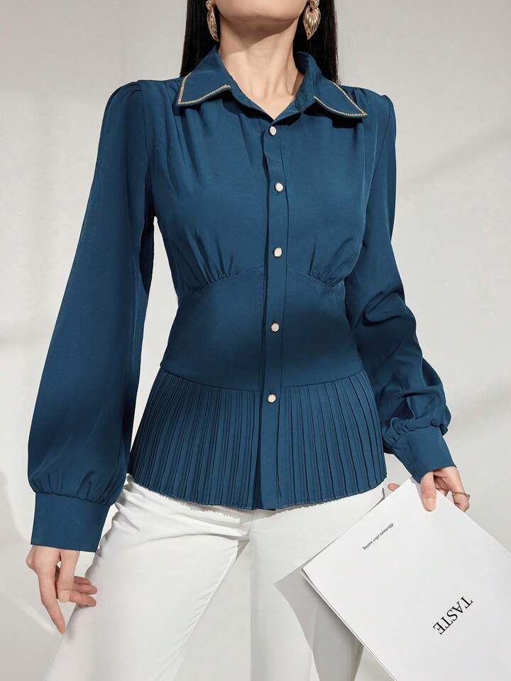CM-TS121002 Women Casual Seoul Style Collar Neckline Long Sleeve Pleated Patchwork Shirt - Teal Blue
