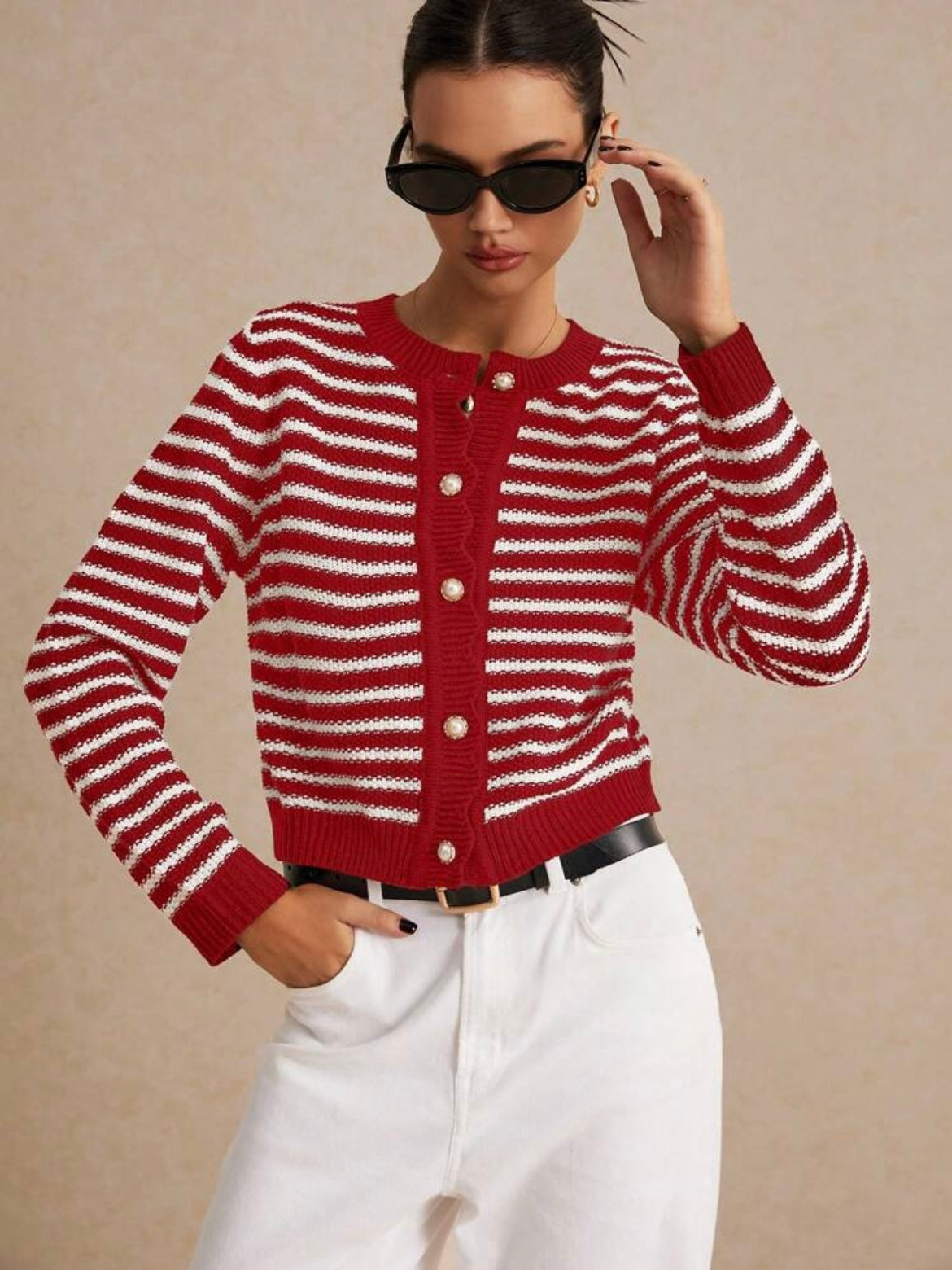 CM-CS697905 Women Casual Seoul Style Striped Print Button Front Long Sleeve Cardigan - Red