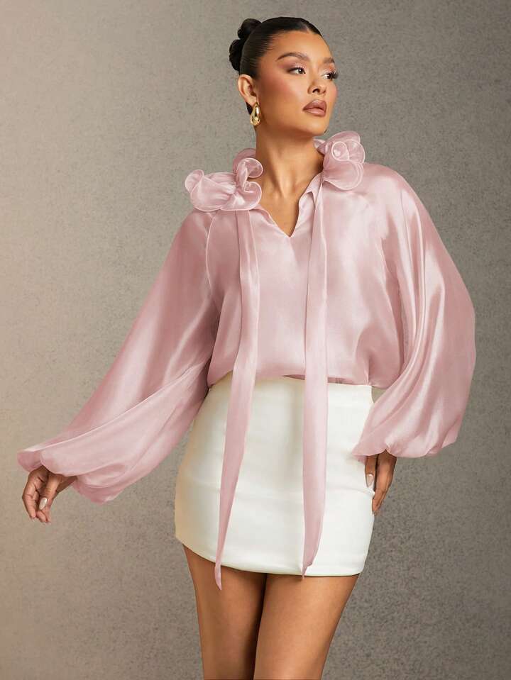 CM-TS725292 Women Elegant Seoul Style Solid Color Ruffle Trim Tie Neck Lantern Sleeve Blouse - Dusty Pink