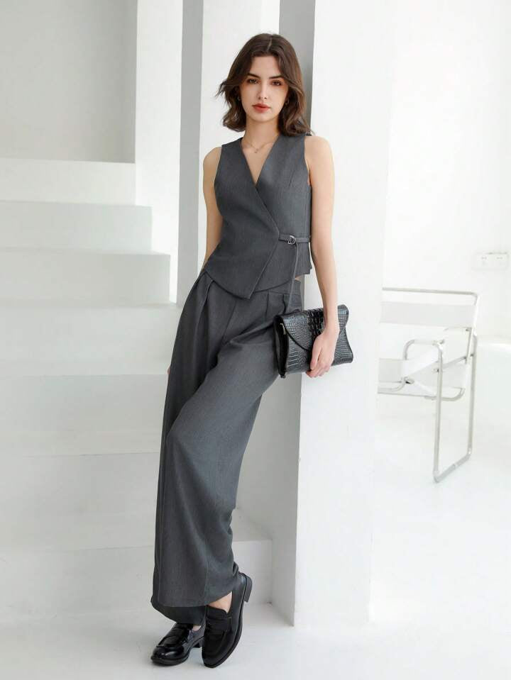 CM-SS221120 Women Elegant Seoul Style Sleeveless Vest With Pleated Straight-Leg Pants Suit - Gray