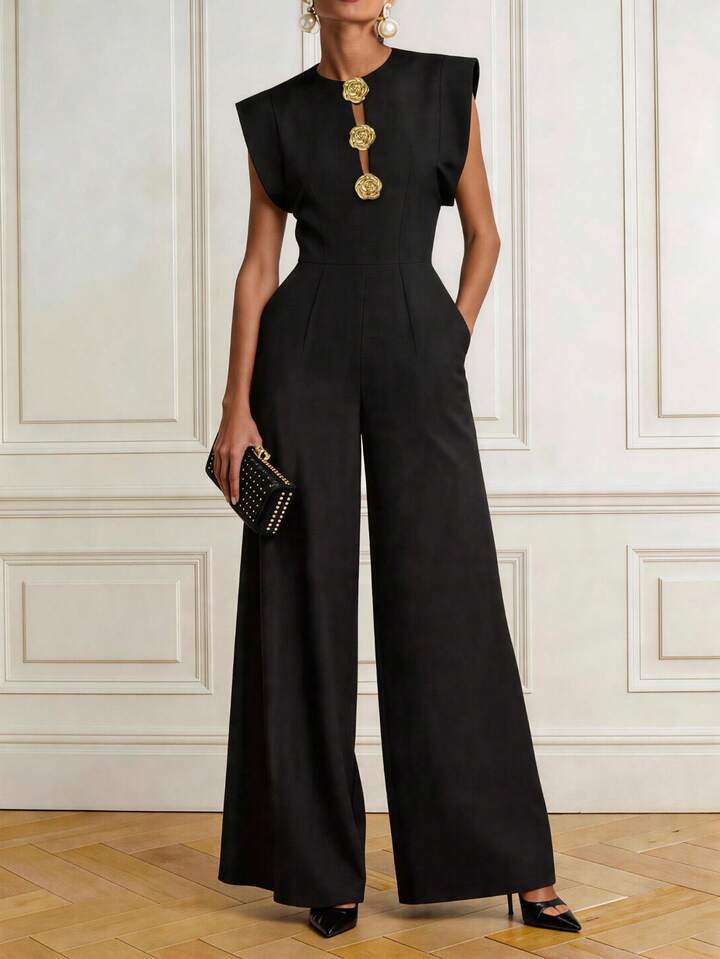 CM-JS170822 Women Elegant Seoul Style Notched Neckline Sleeveless Front Button Zipper Pocket Jumpsuit - Black